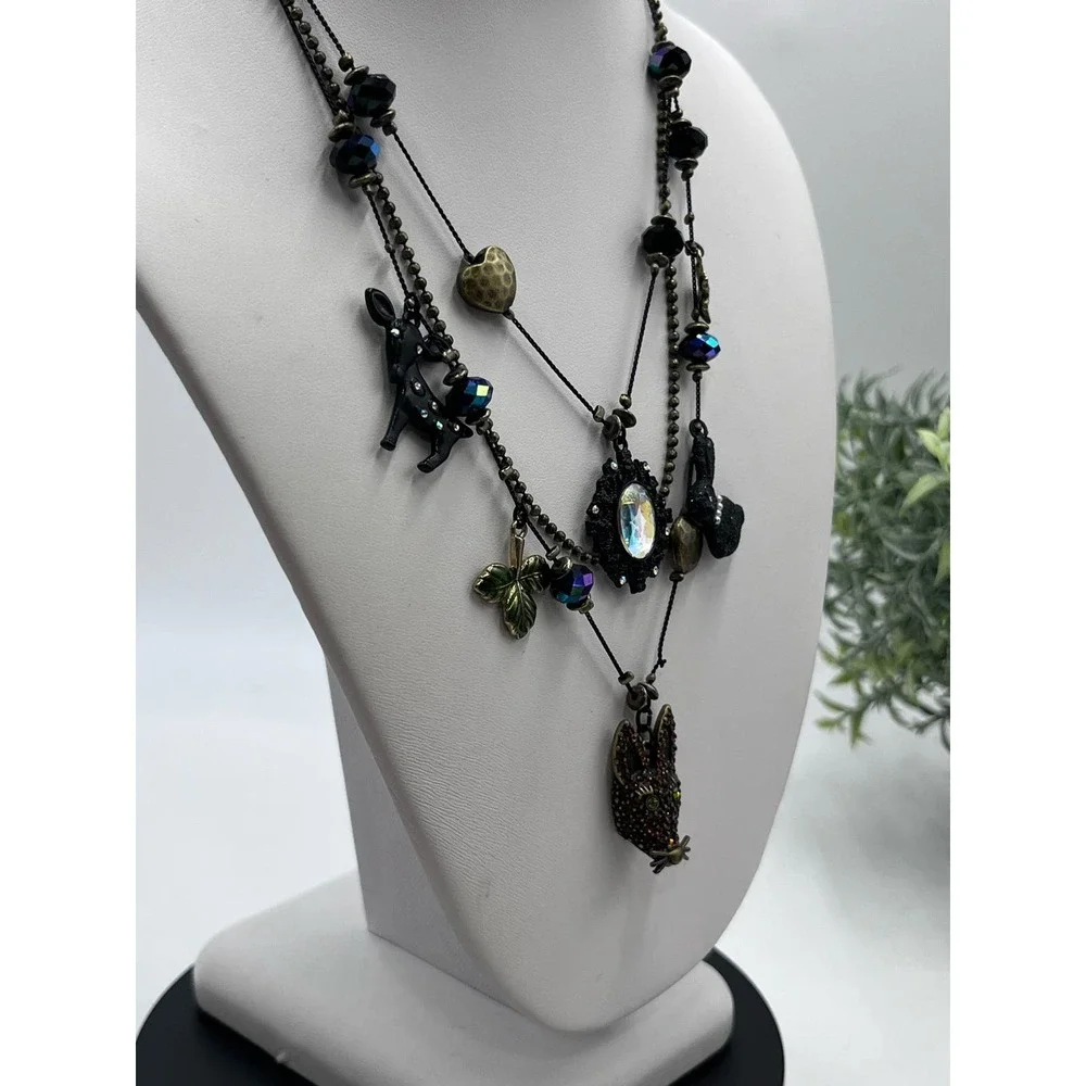 Betsey Johnson Dark‎ Forest Triple Strand Gunmetal Necklace Fox Rabbit Charms